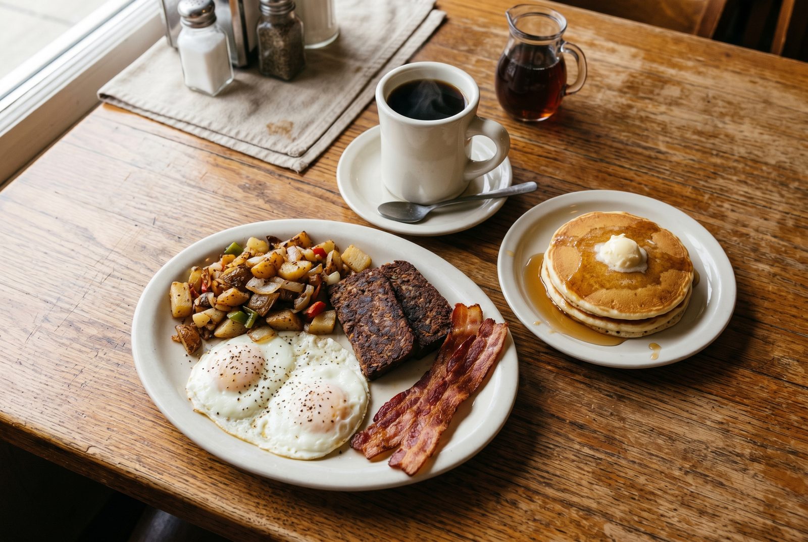 A loaded homestyle breakfast — eggs over easy, home fries, scrapple, bacon, pancakes, and a mug of coffee