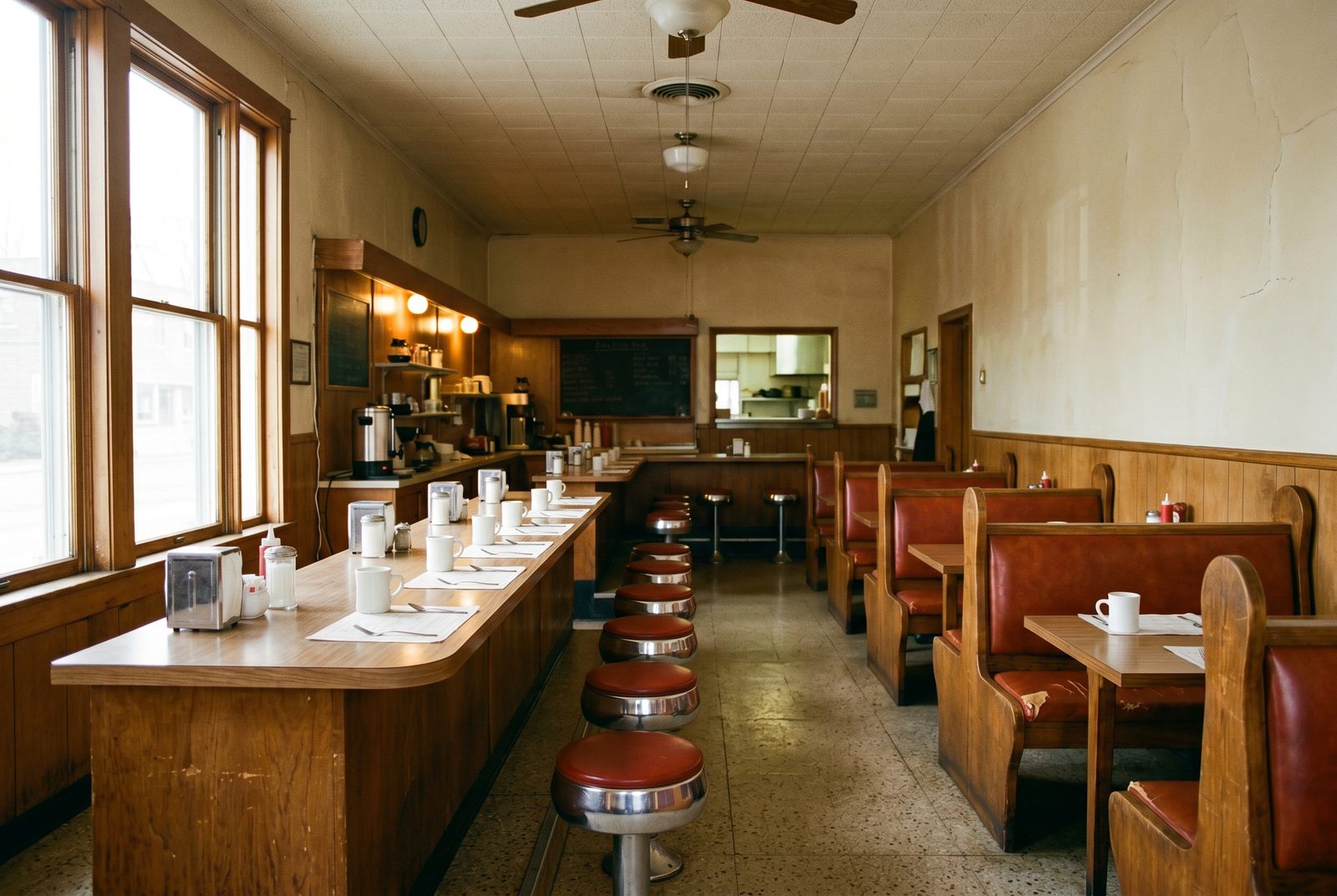 Franconia's dining room with red vinyl booths and a long chrome-trimmed counter