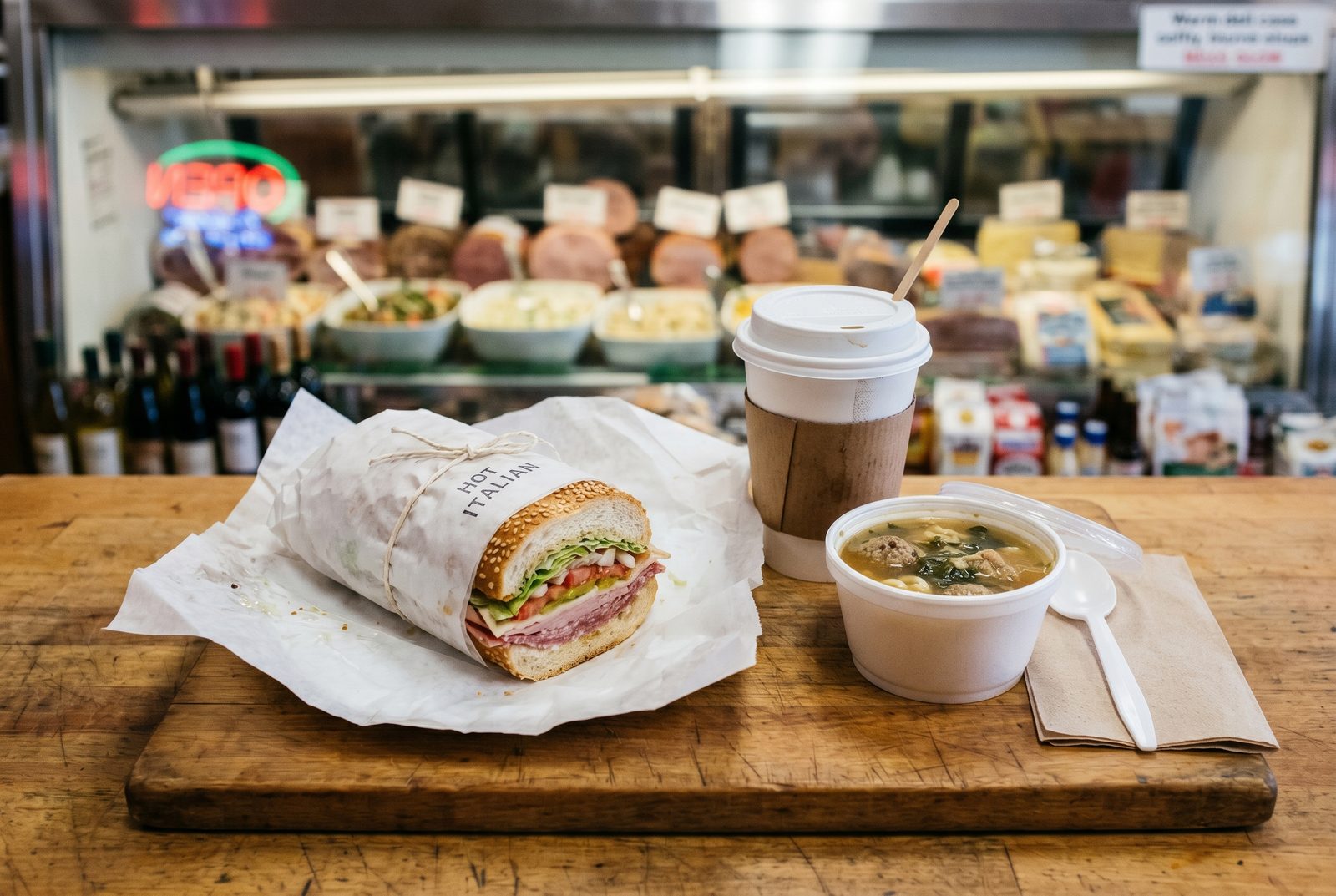 A hot hoagie half-wrapped in deli paper with soup and coffee on the market counter